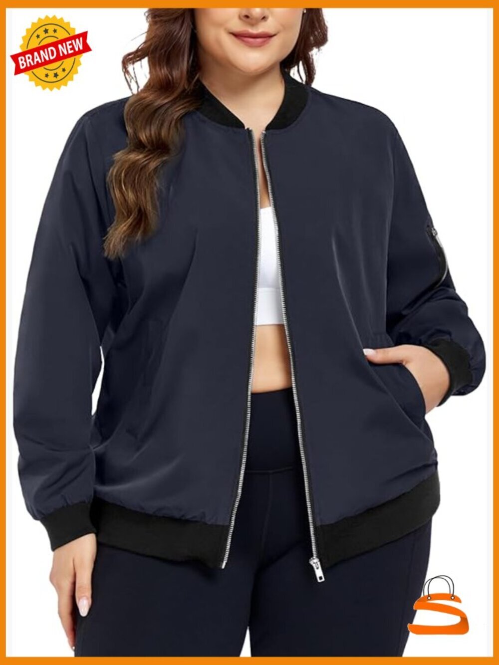 Plus Size Bomber Jacket Zip Up Lightweight Cropped Coat with Pockets